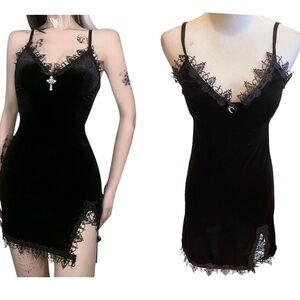 Gothic Black Velvet Bodycon Slip Dress Lace Moon Charm Mini S Sexy Halloween